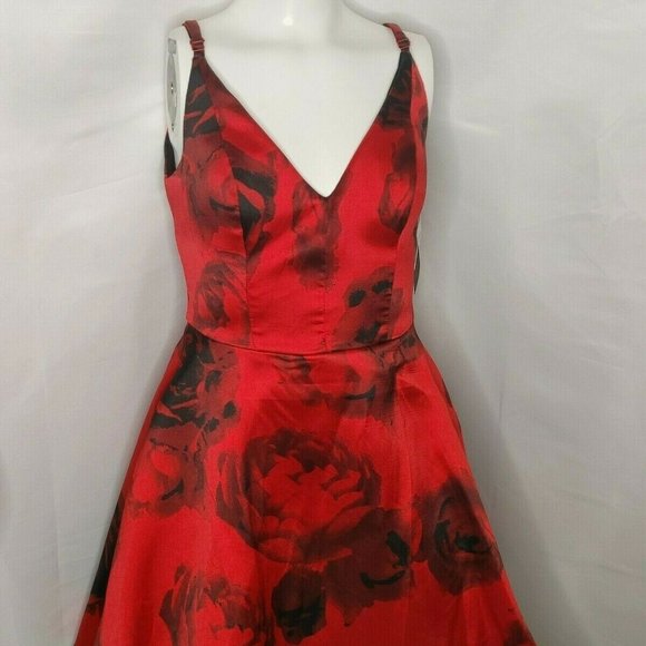 Floral Satin Sleeveless Red Dress - Picture 1 of 11
